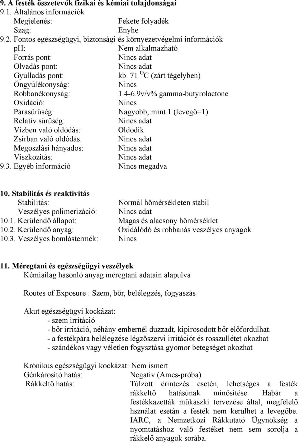 9v/v% gamma-butyrolactone Oxidáció: Nincs Párasűrűség: Nagyobb, mint 1 (levegő=1) Relatív sűrűség: Vízben való oldódás: Oldódik Zsírban való oldódás: Megoszlási hányados: Viszkozitás: 9.3.