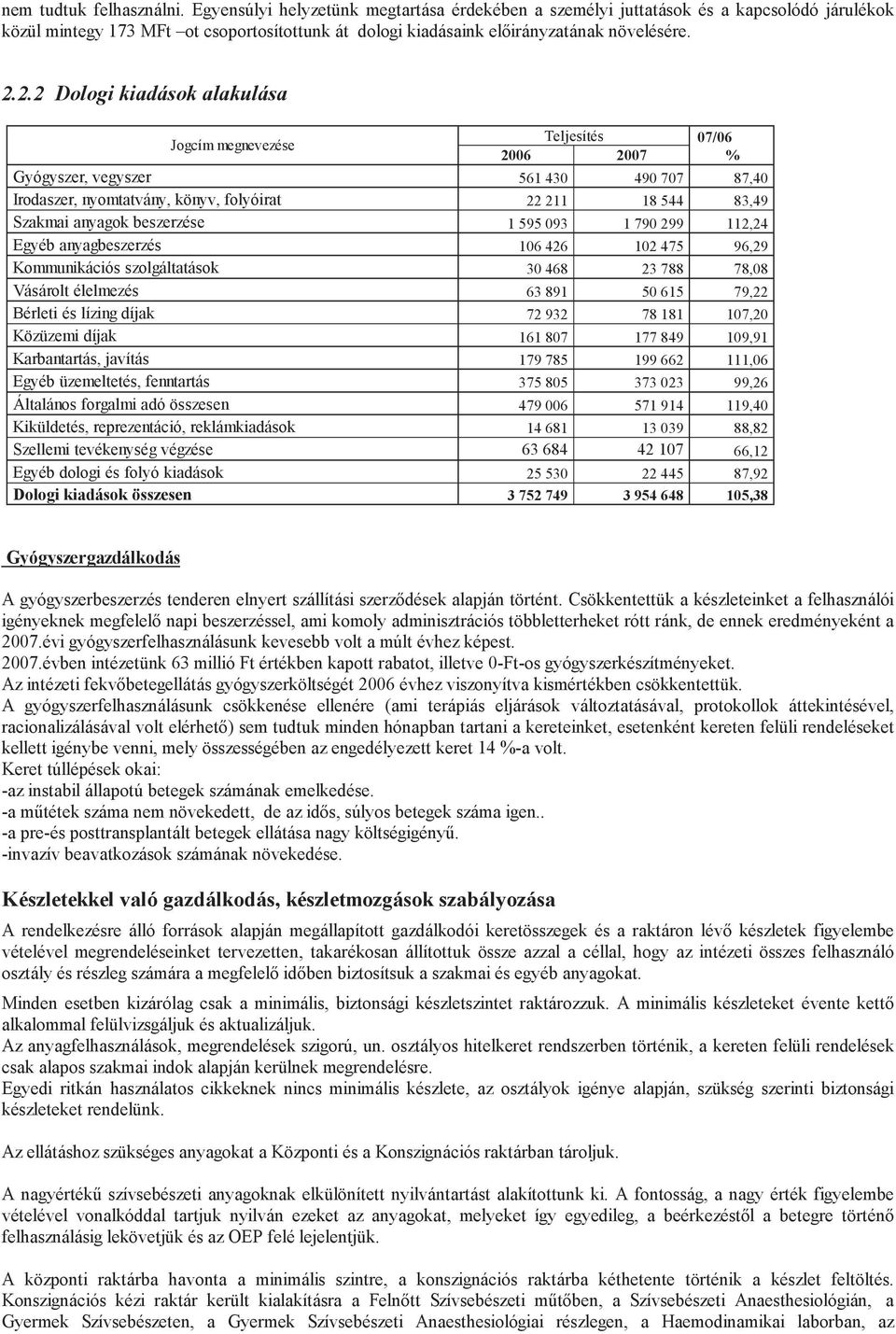 2.2 Dologi kiadások alakulása Jogcím megnevezése Teljesítés 07/06 2006 2007 % Gyógyszer, vegyszer 561 430 490 707 87,40 Irodaszer, nyomtatvány, könyv, folyóirat 22 211 18 544 83,49 Szakmai anyagok