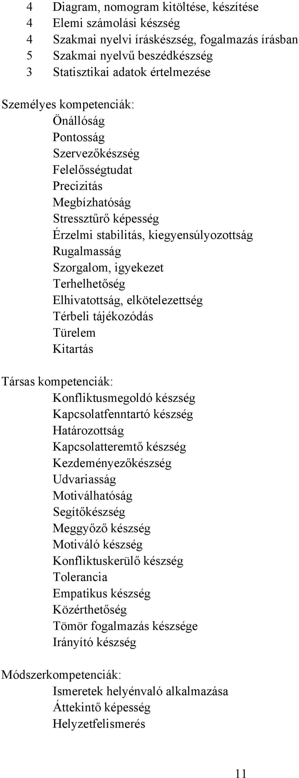 Elhivatottság, elkötelezettség Térbeli tájékozódás Türelem Kitartás Társas kompetenciák: Konfliktusmegoldó készség Kapcsolatfenntartó készség Határozottság Kapcsolatteremtő készség