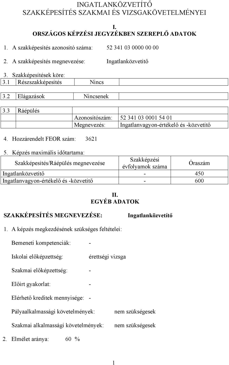 3 Ráépülés Azonosítószám: 52 341 03 0001 54 01 Megnevezés: Ingatlanvagyon-értékelő és -közvetítő 4. Hozzárendelt FEOR szám: 3621 5.