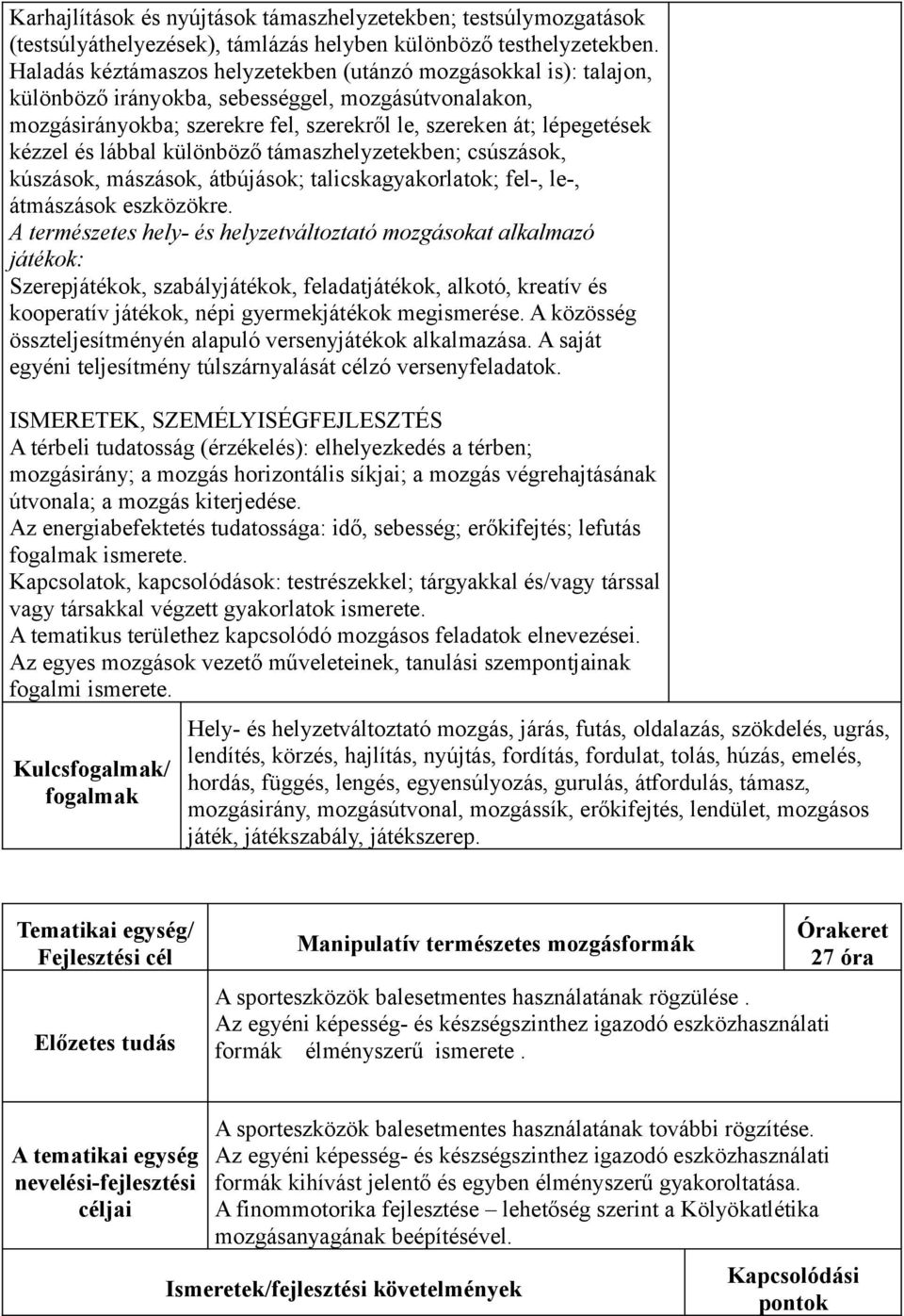 lábbal különböző támaszhelyzetekben; csúszások, kúszások, mászások, átbújások; talicskagyakorlatok; fel-, le-, átmászások eszközökre.