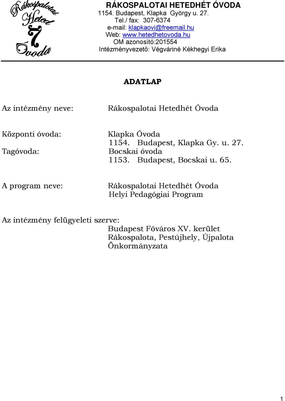 Tagóvoda: Klapka Óvoda 1154. Budapest, Klapka Gy. u. 27. Bocskai óvoda 1153. Budapest, Bocskai u. 65.