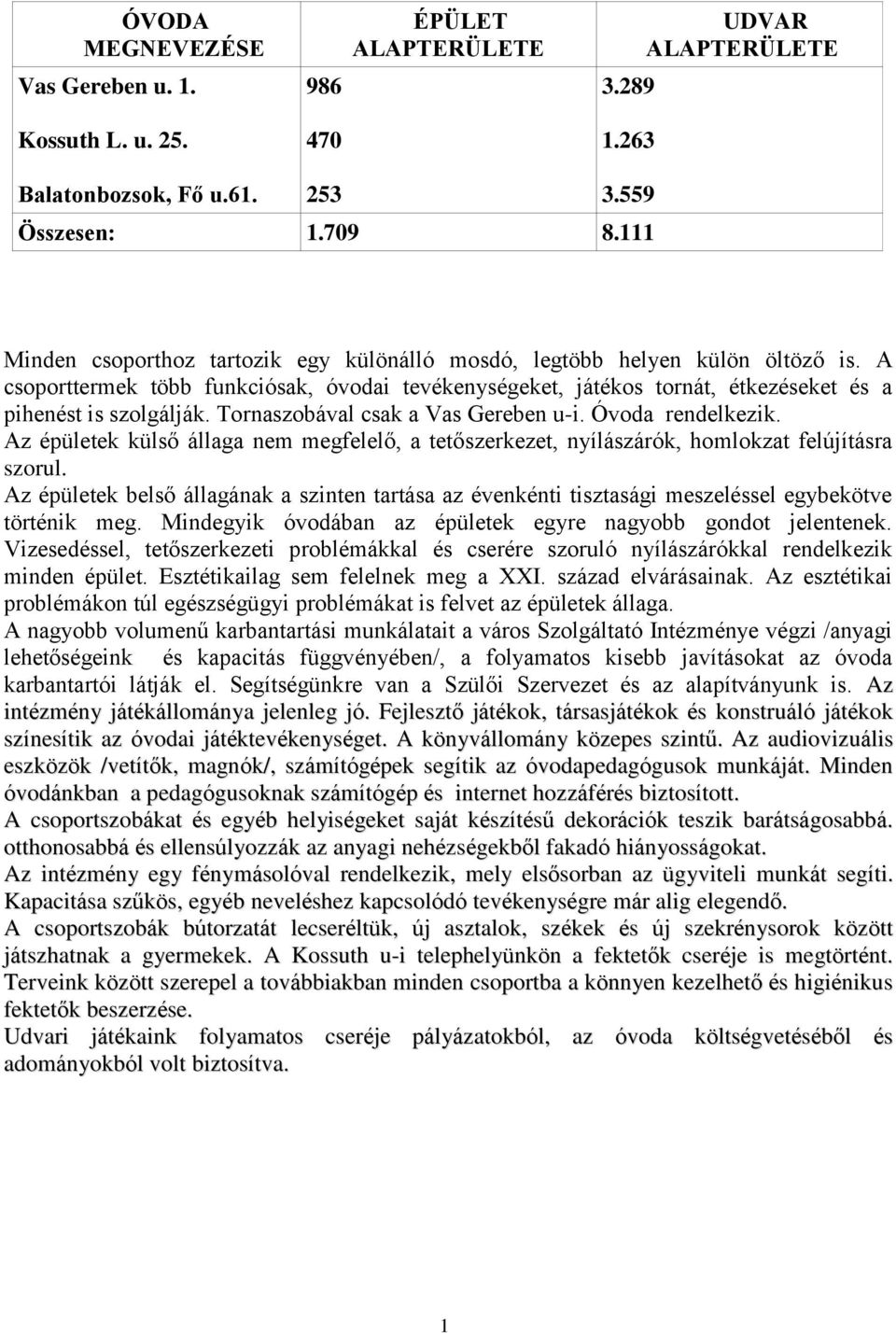 Tornaszobával csak a Vas Gereben u-i. Óvoda rendelkezik. Az épületek külső állaga nem megfelelő, a tetőszerkezet, nyílászárók, homlokzat felújításra szorul.