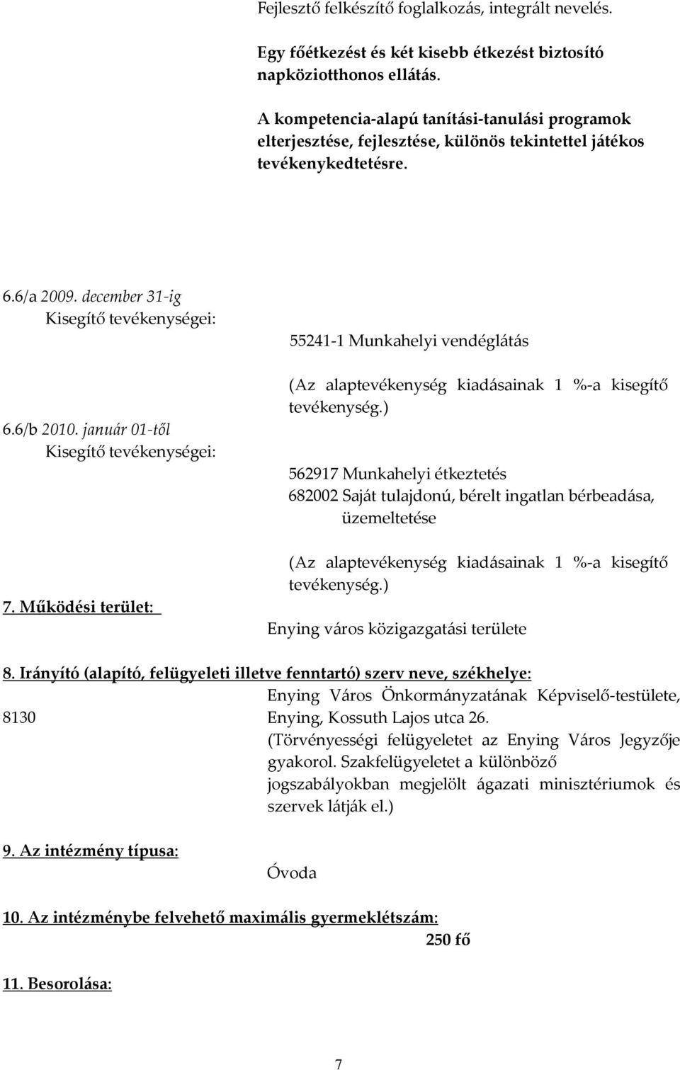 január 01-től Kisegítő tevékenységei: 7. Működési terület: 55241-1 Munkahelyi vendéglátás (Az alaptevékenység kiadásainak 1 %-a kisegítő tevékenység.