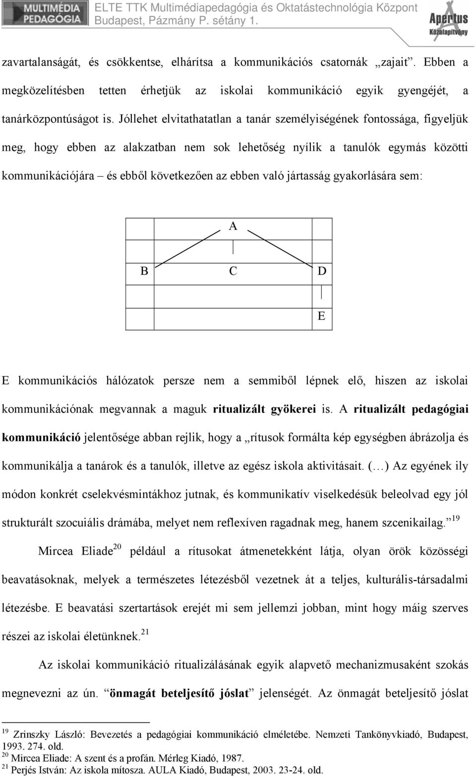 való jártasság gyakorlására sem: A B C D E E kommunikációs hálózatok persze nem a semmiből lépnek elő, hiszen az iskolai kommunikációnak megvannak a maguk ritualizált gyökerei is.