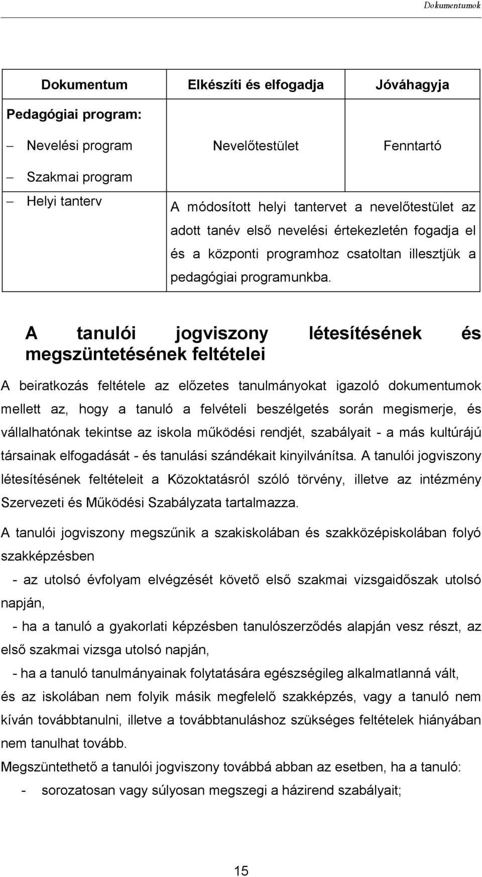 A tanulói jogviszony létesítésének és megszüntetésének feltételei A beiratkozás feltétele az előzetes tanulmányokat igazoló dokumentumok mellett az, hogy a tanuló a felvételi beszélgetés során