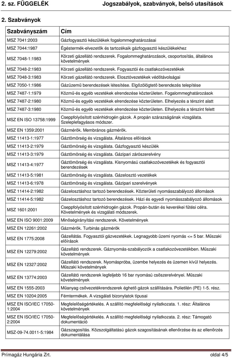 MSZ EN 1775:2008 MSZ EN 12279:2002 MSZ EN 12327:2002 MSZ EN 13774:2003 MSZ EN 1555-2003 MSZ EN 10204:2005 MSZ EN ISO/IEC 17050-1:2004 MSZ EN ISO/IEC 17050-2:2004 MSZ-09-74.