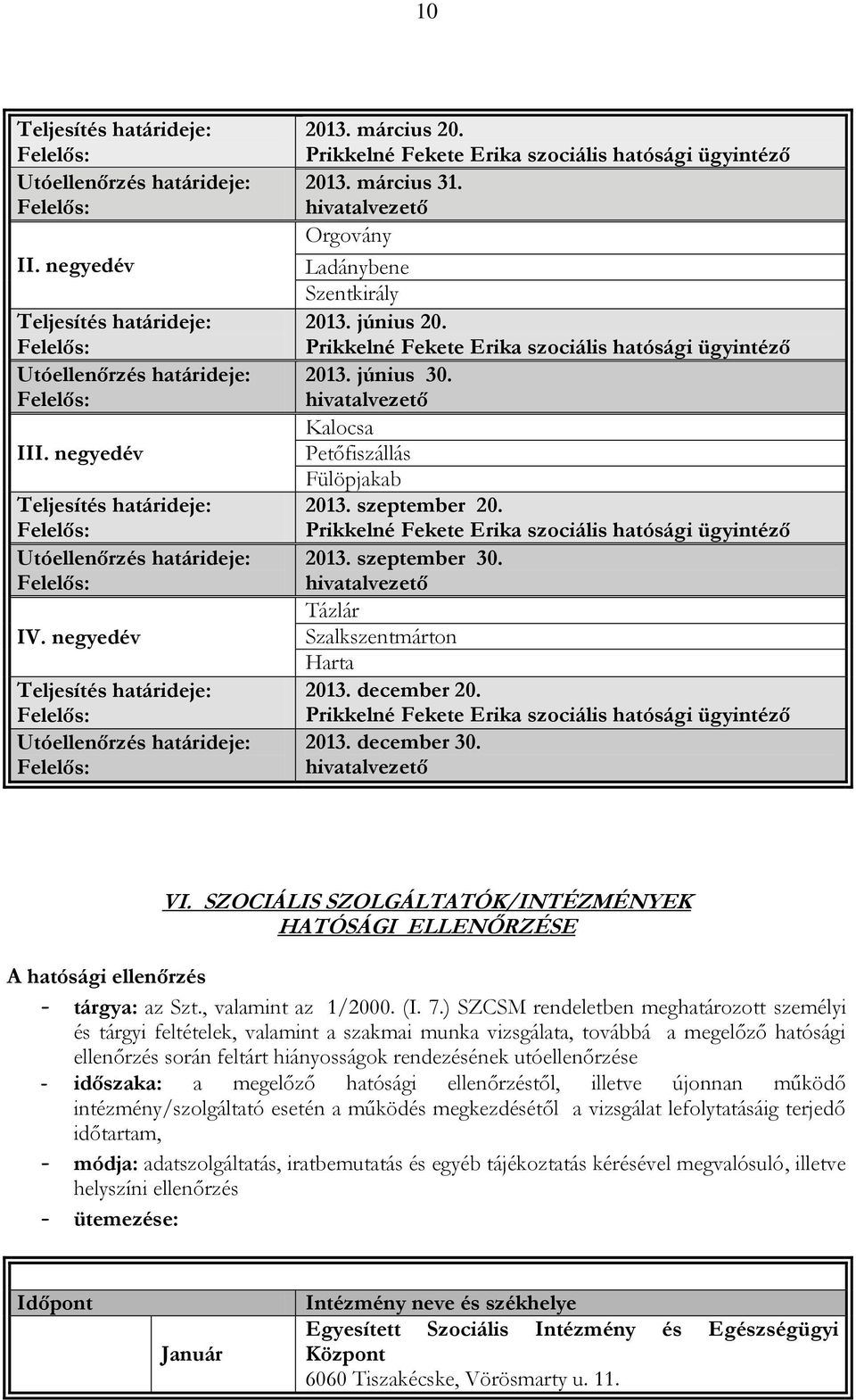 Tázlár Szalkszentmárton Harta 2013. december 20. Prikkelné Fekete Erika szociális hatósági ügyintéző 2013. december 30. VI.