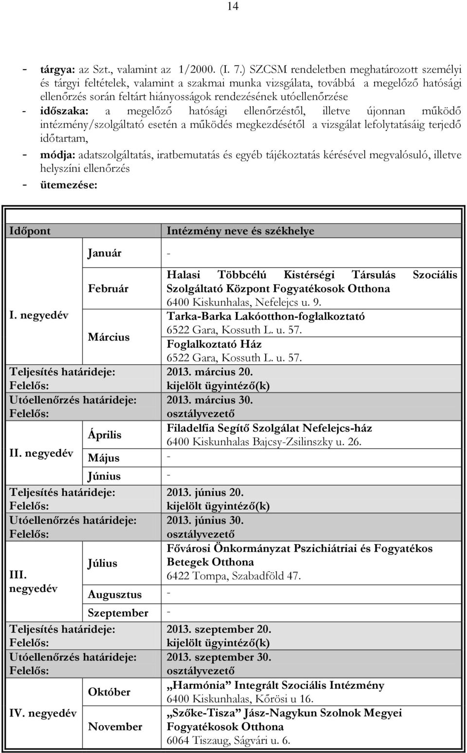 időszaka: a megelőző hatósági ellenőrzéstől, illetve újonnan működő intézmény/szolgáltató esetén a működés megkezdésétől a vizsgálat lefolytatásáig terjedő időtartam, - módja: adatszolgáltatás,