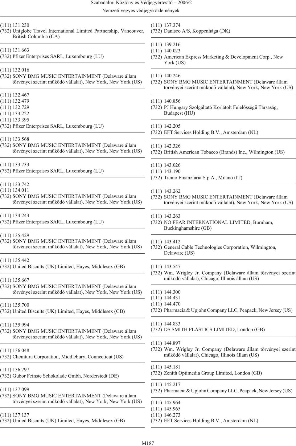 700 (732) United Biscuits (UK) Limited, Hayes, Middlesex (GB) (111) 135.994 (111) 136.048 (732) Chemtura Corporation, Middlebury, Connecticut (US) (111) 136.
