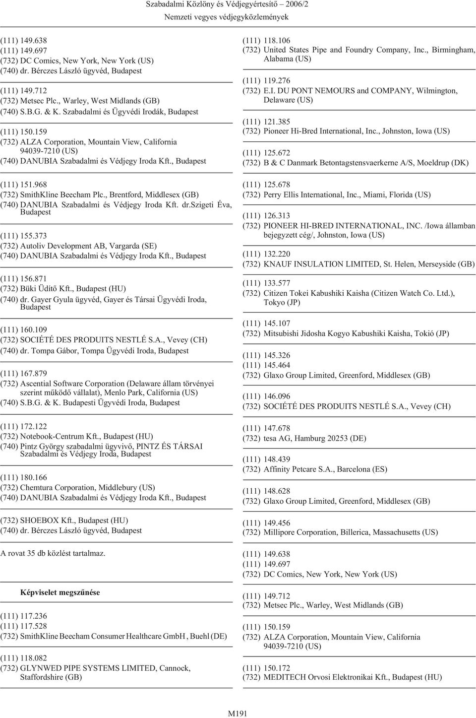 968 (732) SmithKline Beecham Plc., Brentford, Middlesex (GB) (740) DANUBIA Szabadalmi és Védjegy Iroda Kft. dr.szigeti Éva, (111) 155.