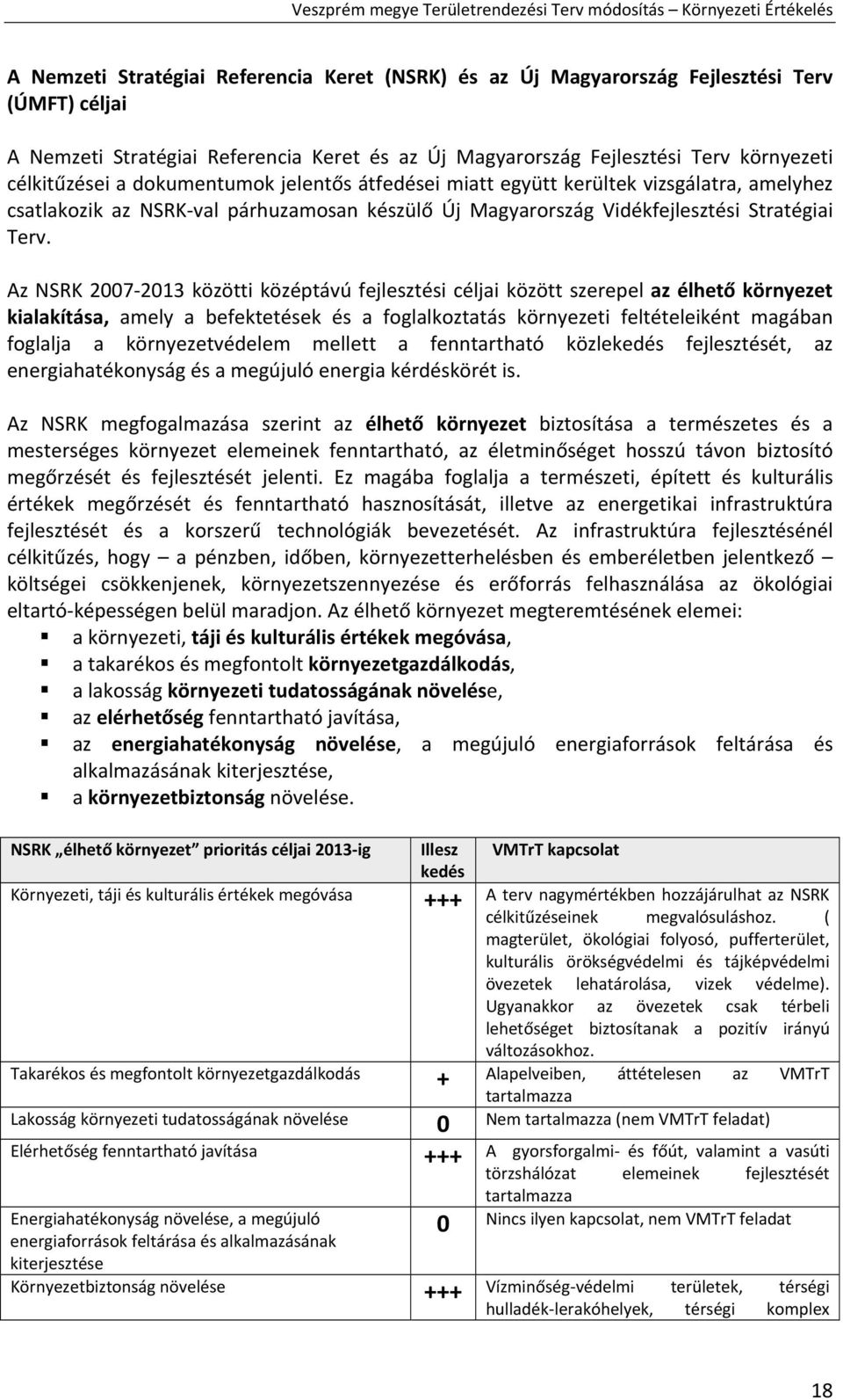 Az NSRK 2007 2013 közötti középtávú fejlesztési céljai között szerepel az élhető környezet kialakítása, amely a befektetések és a foglalkoztatás környezeti feltételeiként magában foglalja a