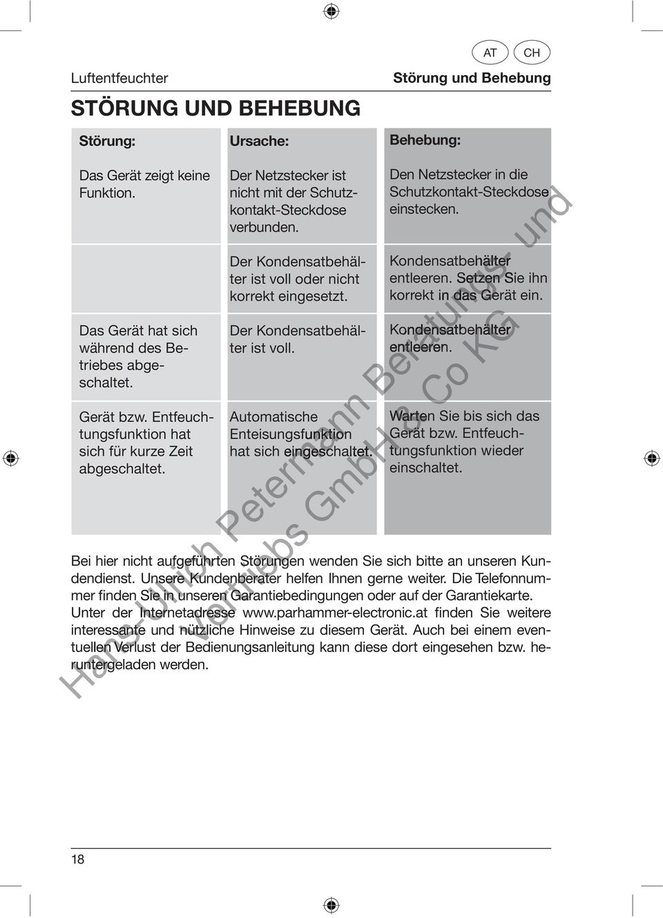 Der Kondensatbehälter ist voll. Automatische Enteisungsfunktion nktion hat sich eingeschaltet. Den Netzstecker in die Schutzkontakt-Steckdose einstecken. Kondensatbehälter entleeren.