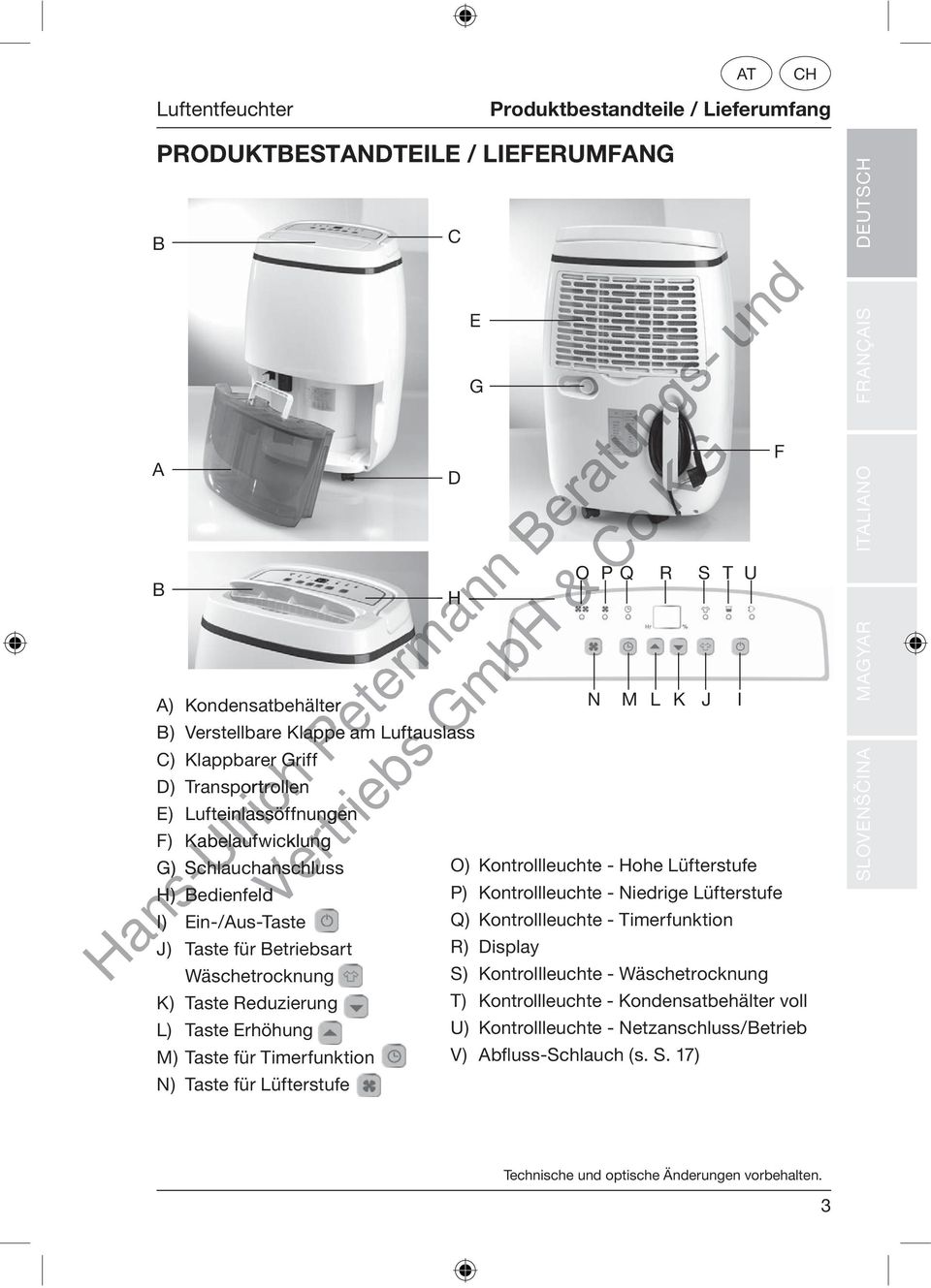 Taste Reduzierung L) Taste Erhöhung M) Taste für Timerfunktion O) Kontrollleuchte - Hohe Lüfterstufe P) Kontrollleuchte - Niedrige Lüfterstufe Q) Kontrollleuchte - Timerfunktion R) Display S)