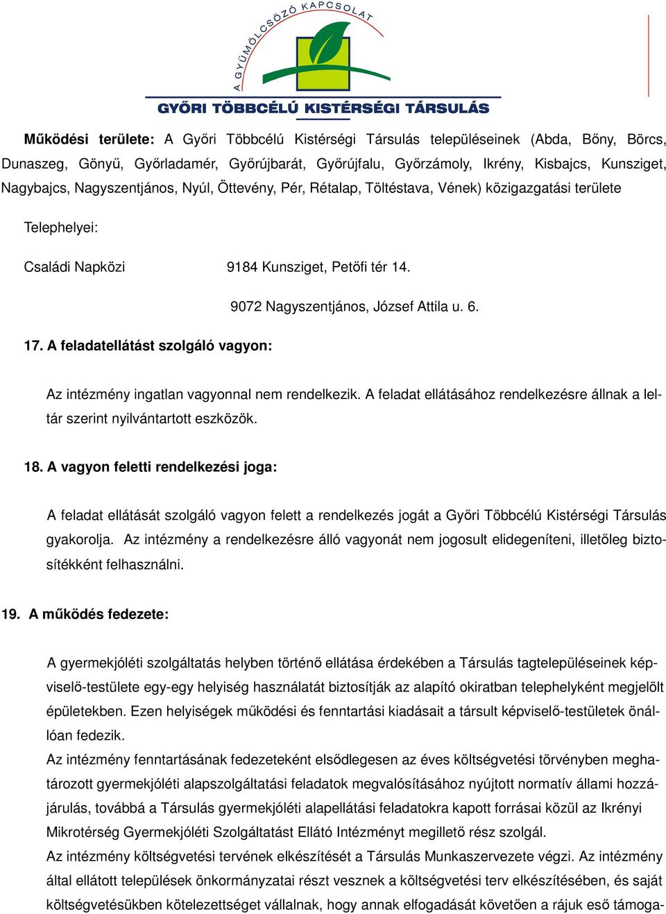 A feladatellátást szolgáló vagyon: Az intézmény ingatlan vagyonnal nem rendelkezik. A feladat ellátásához rendelkezésre állnak a leltár szerint nyilvántartott eszközök. 18.