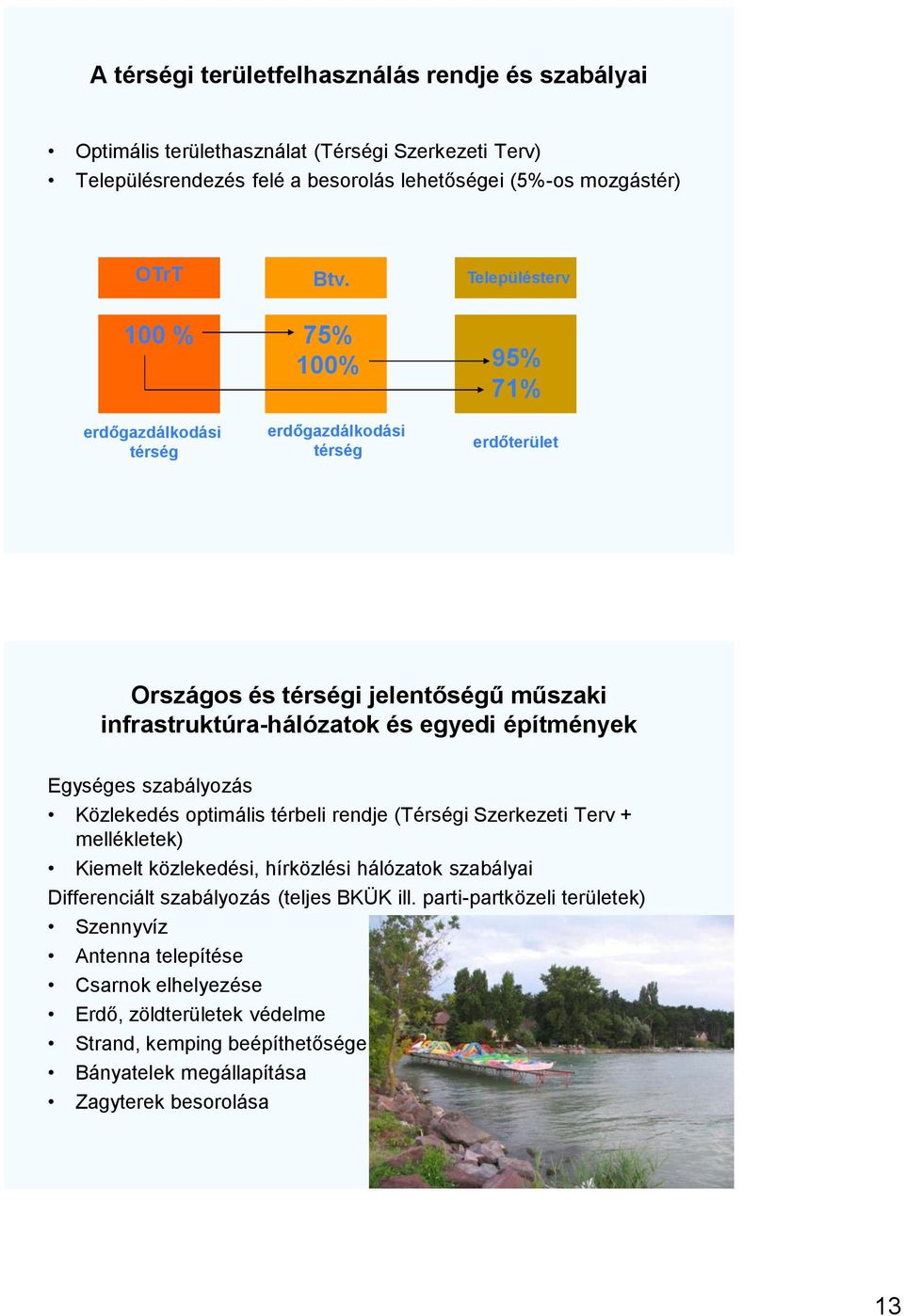 Egységes szabályozás Közlekedés optimális térbeli rendje (Térségi Szerkezeti Terv + mellékletek) Kiemelt közlekedési, hírközlési hálózatok szabályai Differenciált szabályozás (teljes