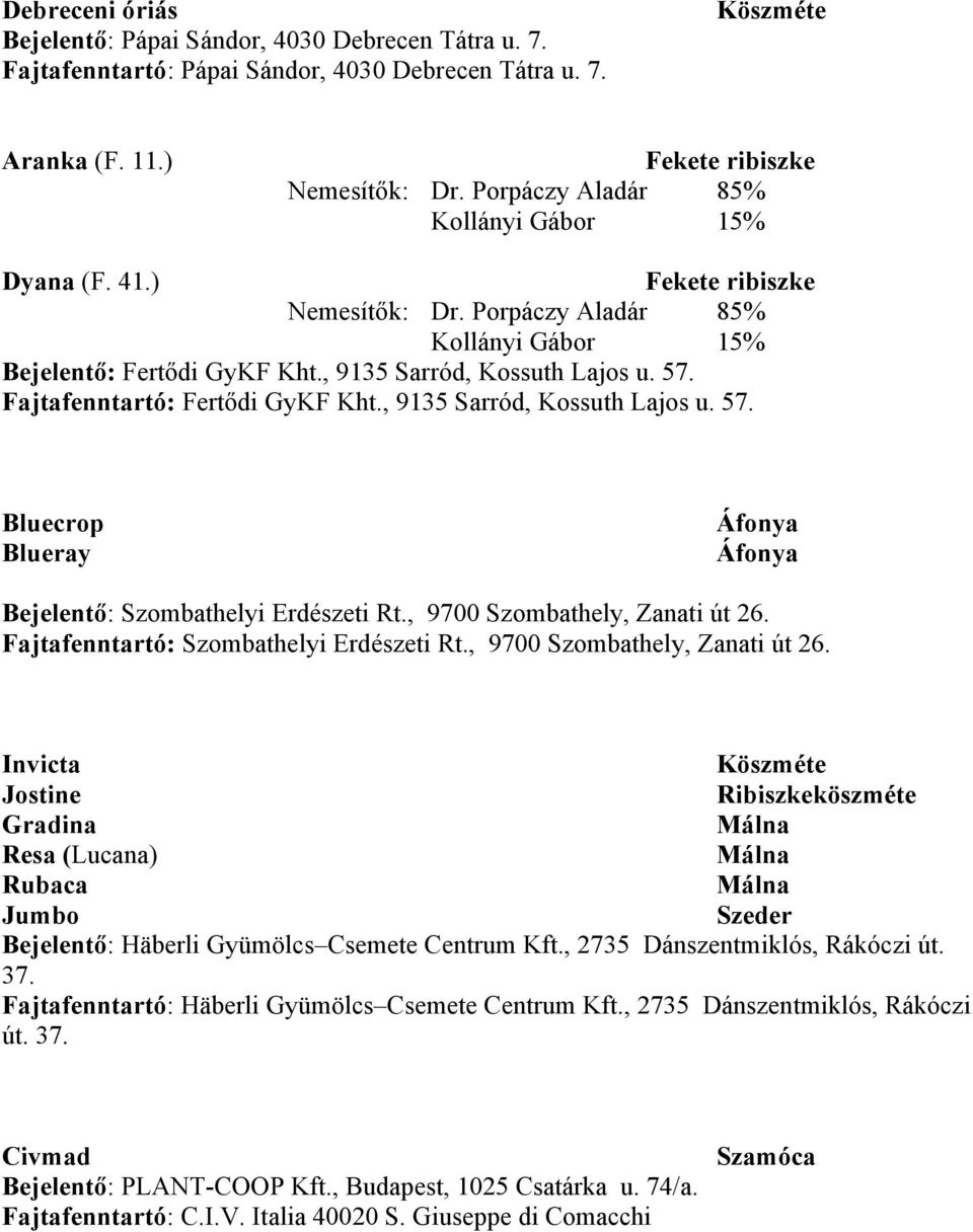 Fajtafenntartó: Fertődi GyKF Kht., 9135 Sarród, Kossuth Lajos u. 57. Bluecrop Blueray Áfonya Áfonya Bejelentő: Szombathelyi Erdészeti Rt., 9700 Szombathely, Zanati út 26.