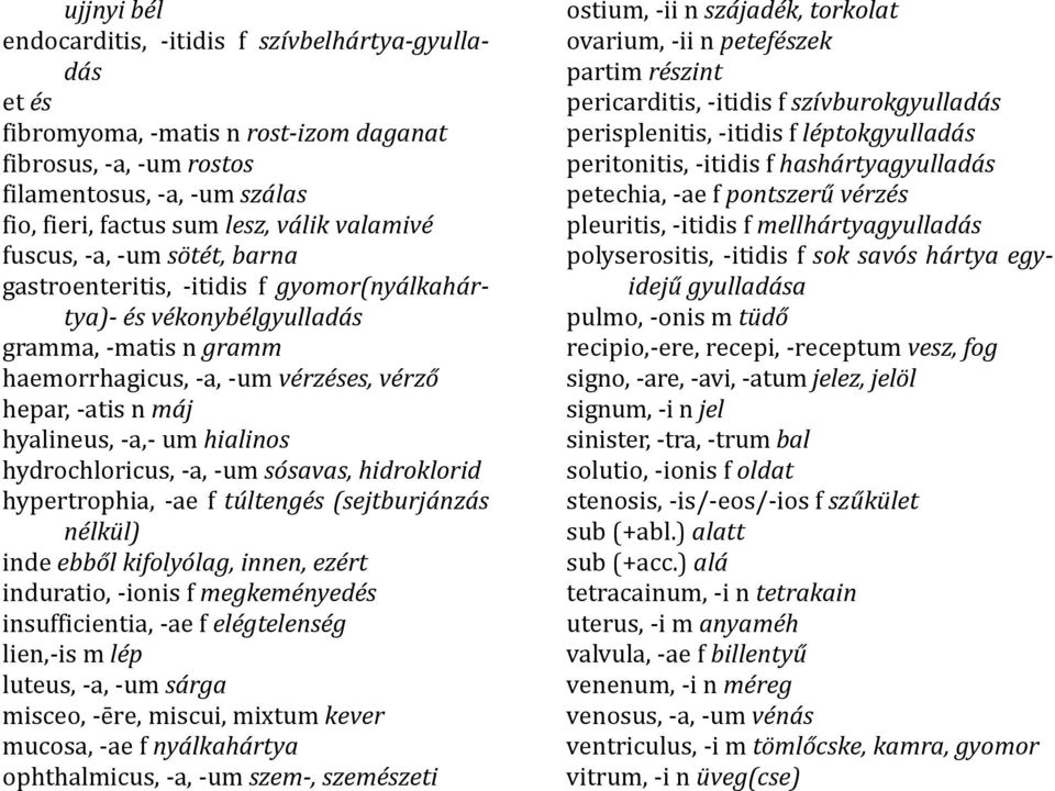 hyalineus, -a,- um hialinos hydrochloricus, -a, -um sósavas, hidroklorid hypertrophia, -ae f túltengés (sejtburjánzás nélkül) inde ebből kifolyólag, innen, ezért induratio, -ionis f megkeményedés