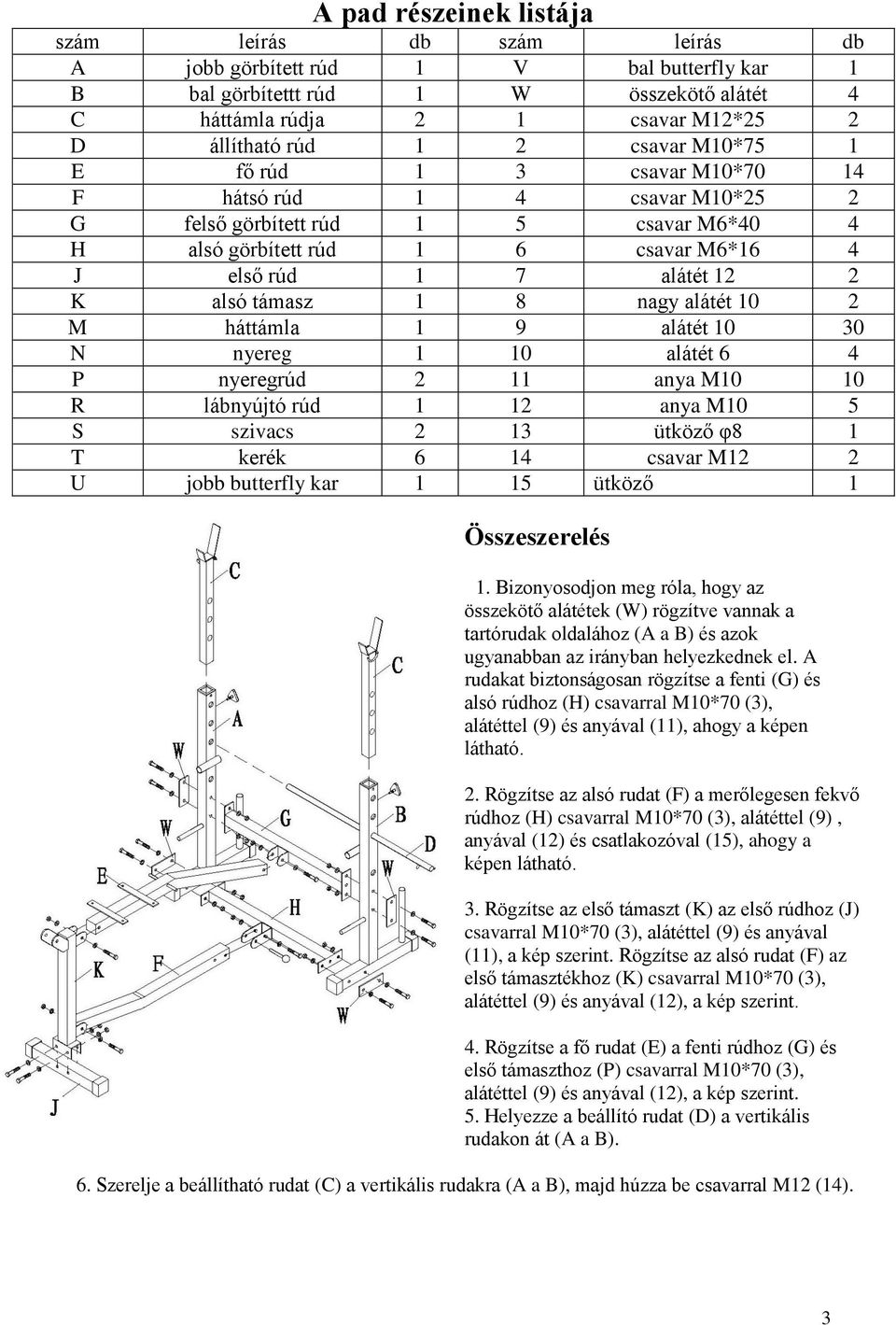 1 8 nagy alátét 10 2 M háttámla 1 9 alátét 10 30 N nyereg 1 10 alátét 6 4 P nyeregrúd 2 11 anya M10 10 R lábnyújtó rúd 1 12 anya M10 5 S szivacs 2 13 ütköző φ8 1 T kerék 6 14 csavar M12 2 U jobb