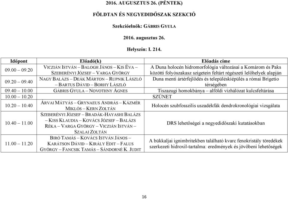 09.20 09.40 NAGY BALÁZS DEÁK MÁRTON RUPNIK LÁSZLÓ Duna menti ártérfejlődés és településkiépülés a római Brigetio BARTUS DÁVID BORHY LÁSZLÓ térségében 09.40 10.