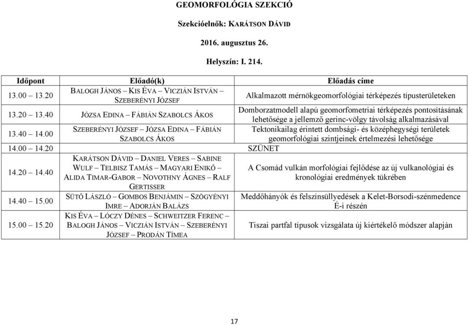 40 JÓZSA EDINA FÁBIÁN SZABOLCS ÁKOS Domborzatmodell alapú geomorfometriai térképezés pontosításának lehetősége a jellemző gerinc-völgy távolság alkalmazásával 13.40 14.