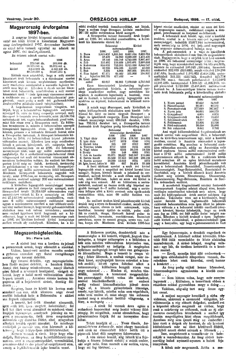 évi áruforgalomról. Az érintett adatok szerint volt: 1897 1896 behozatal 270 046 db. 36.97u.ua q. 383.999 db. 35.872.861 q. kivitel 4.G;i2.U8U db. 4.360.438 db. 48.720.418 q. 52.697.315 q.