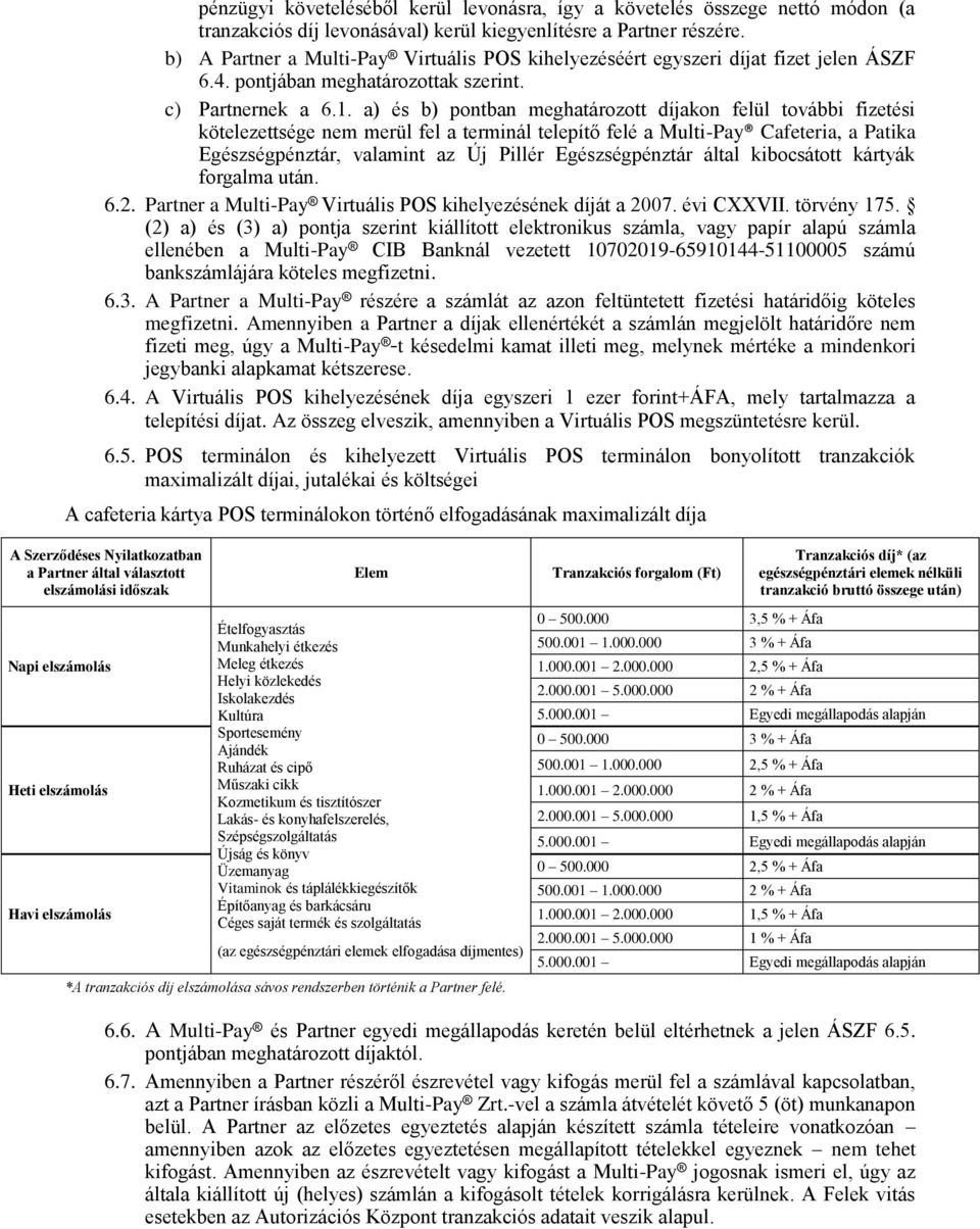 a) és b) pontban meghatározott díjakon felül további fizetési kötelezettsége nem merül fel a terminál telepítő felé a Multi-Pay Cafeteria, a Patika Egészségpénztár, valamint az Új Pillér