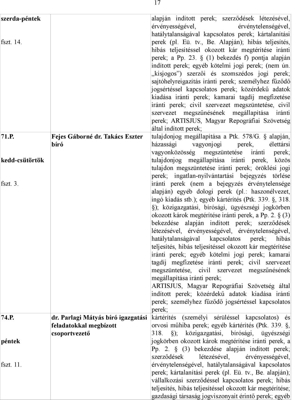 perek (pl. Eü. tv., Be. Alapján); hibás teljesítés, hibás teljesítéssel okozott kár megtérítése iránti a Pp. 23. (1) bekezdés f) pontja alapján indított egyéb kötelmi jogi (nem ún.