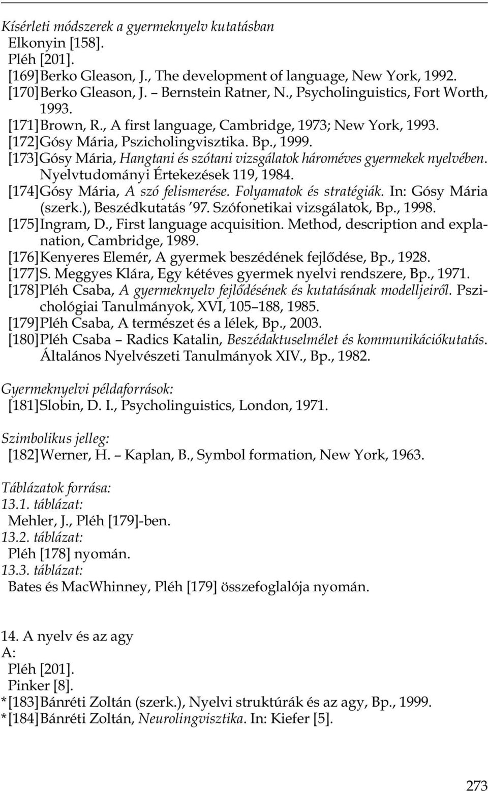 [173]Gósy Mária, Hangtani és szótani vizsgálatok hároméves gyermekek nyelvében. Nyelvtudományi Értekezések 119, 1984. [174]Gósy Mária, A szó felismerése. Folyamatok és stratégiák.