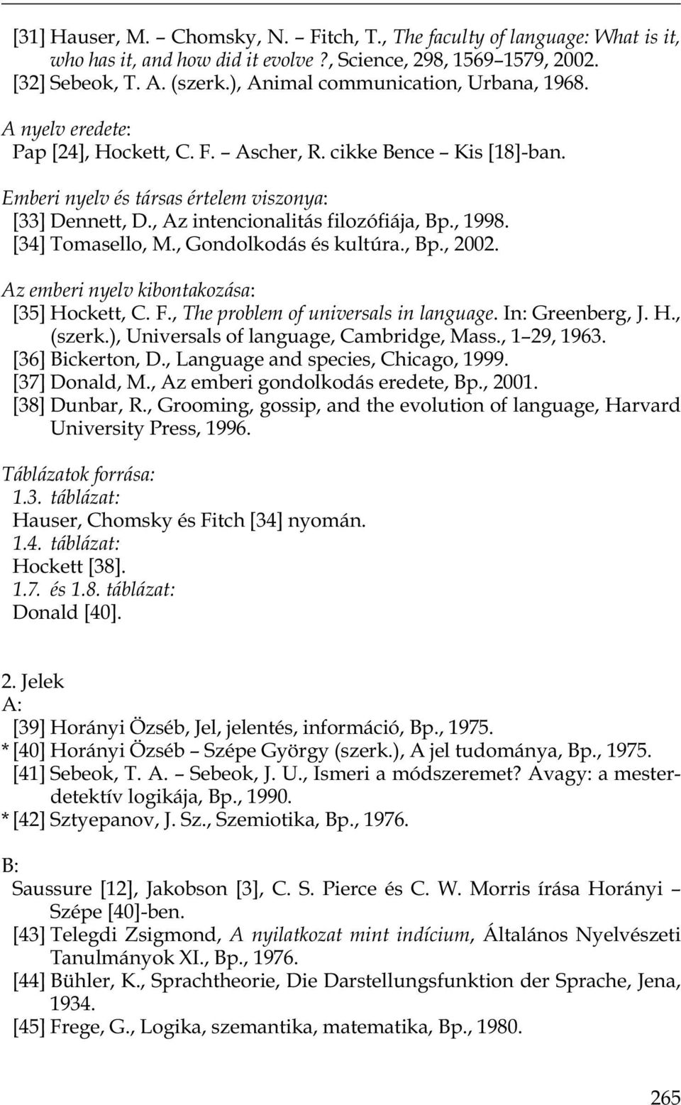 , Az intencionalitás filozófiája, Bp., 1998. [34] Tomasello, M., Gondolkodás és kultúra., Bp., 2002. Az emberi nyelv kibontakozása: [35] Hockett, C. F., The problem of universals in language.