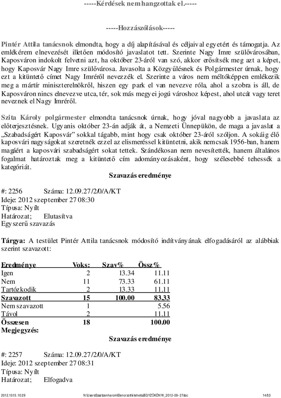 Javasolta a Közgyűlésnek és Polgármester úrnak, hogy ezt a kitüntető címet Nagy Imréről nevezzék el.