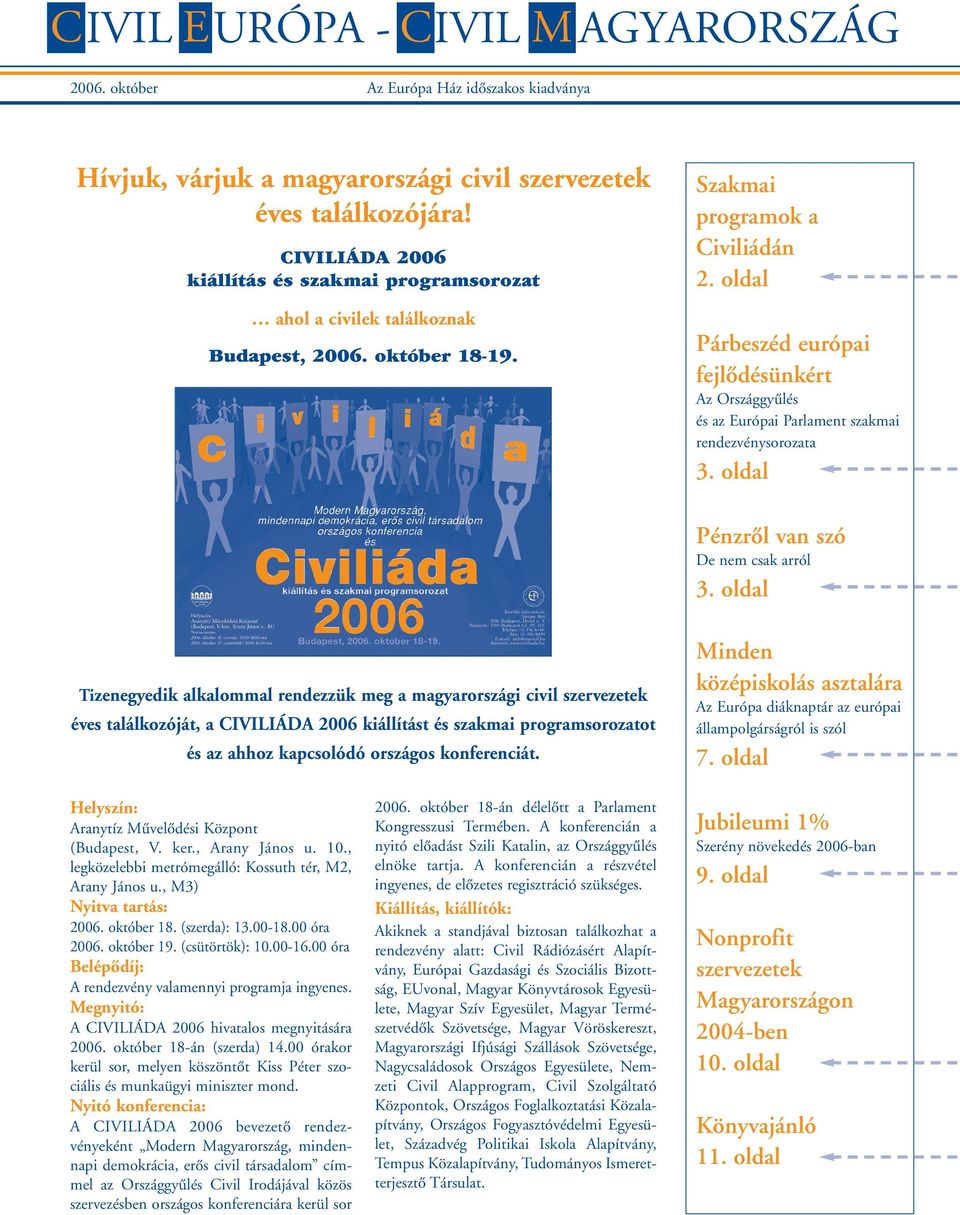 oldal Tizenegyedik alkalommal rendezzük meg a magyarországi civil szervezetek éves találkozóját, a CIVILIÁDA 2006 kiállítást és szakmai programsorozatot és az ahhoz kapcsolódó országos konferenciát.