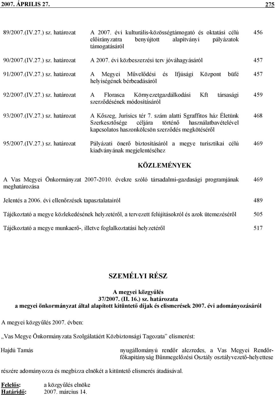 (IV.27.) sz. határozat 95/2007.(IV.27.) sz. határozat A Kőszeg, Jurisics tér 7.