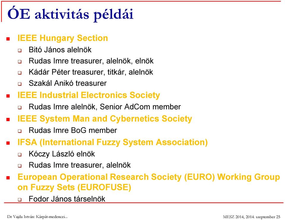 System Man and Cybernetics Society Rudas Imre BoG member IFSA (International Fuzzy System Association) Kóczy László elnök