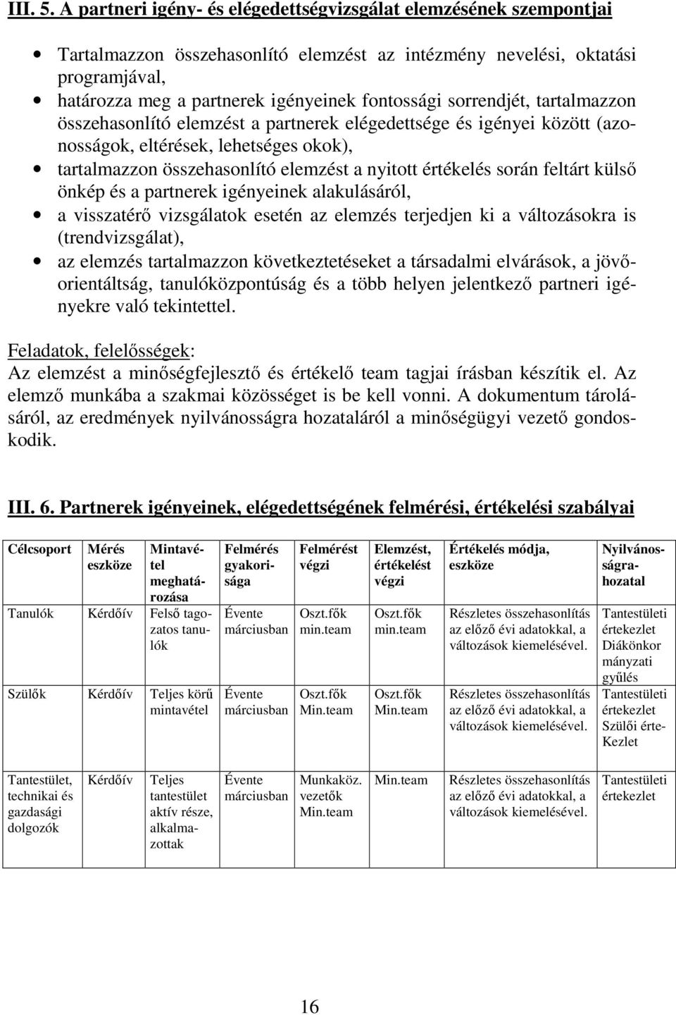 sorrendjét, tartalmazzon összehasonlító elemzést a partnerek elégedettsége és igényei között (azonosságok, eltérések, lehetséges okok), tartalmazzon összehasonlító elemzést a nyitott értékelés során