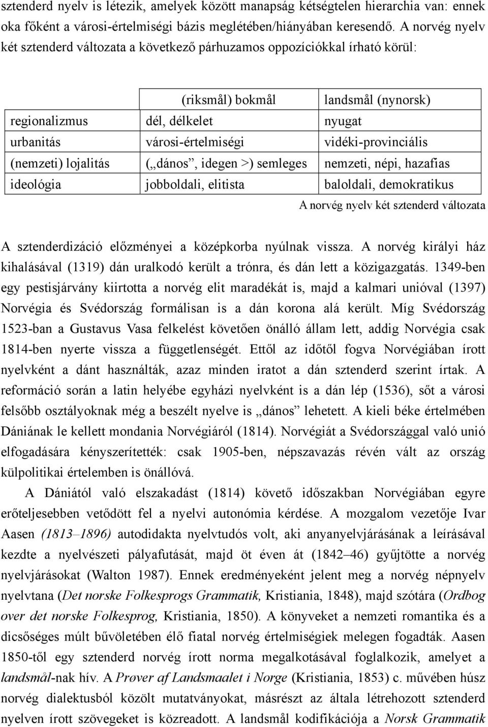 vidéki-provinciális (nemzeti) lojalitás ( dános, idegen >) semleges nemzeti, népi, hazafias ideológia jobboldali, elitista baloldali, demokratikus A norvég nyelv két sztenderd változata A