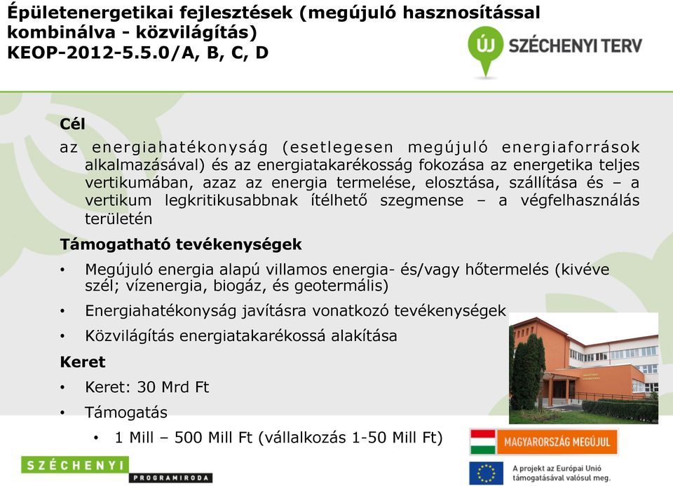 energia termelése, elosztása, szállítása és a vertikum legkritikusabbnak ítélhető szegmense a végfelhasználás területén Támogatható tevékenységek Megújuló energia alapú