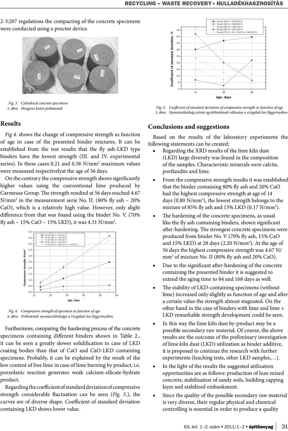 It can be established from the test results that the fly ash-lkd type binders have the lowest strength (III. and IV. experimental series). In these cases 0.21 and 0.