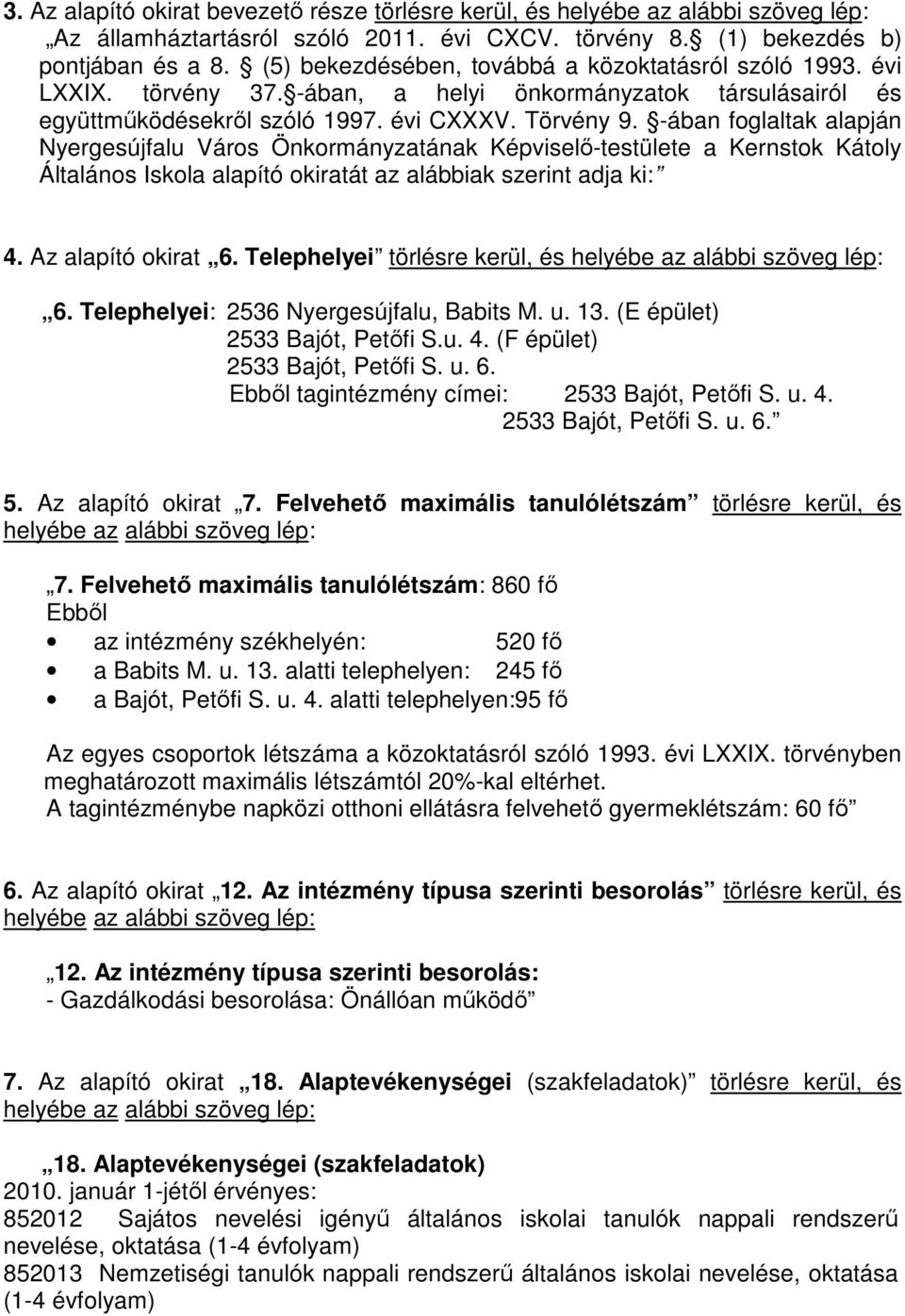 -ában foglaltak alapján Nyergesújfalu Város Önkormányzatának Képviselő-testülete a Kernstok Kátoly Általános Iskola alapító okiratát az alábbiak szerint adja ki: 4. Az alapító okirat 6.