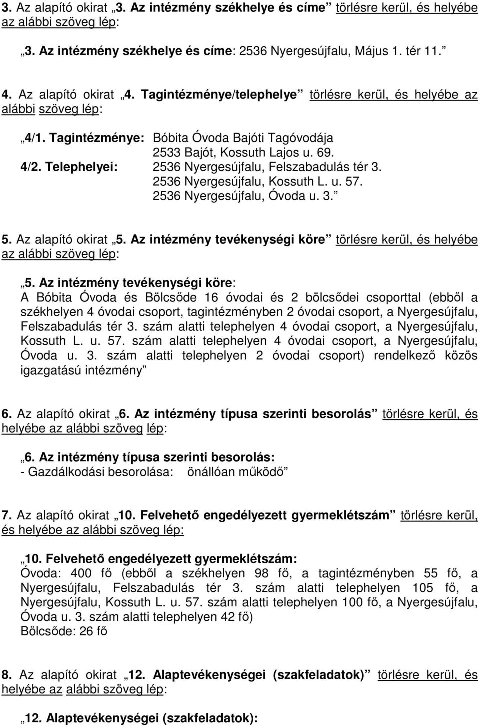 Telephelyei: 2536 Nyergesújfalu, Felszabadulás tér 3. 2536 Nyergesújfalu, Kossuth L. u. 57. 2536 Nyergesújfalu, Óvoda u. 3. 5. Az alapító okirat 5.