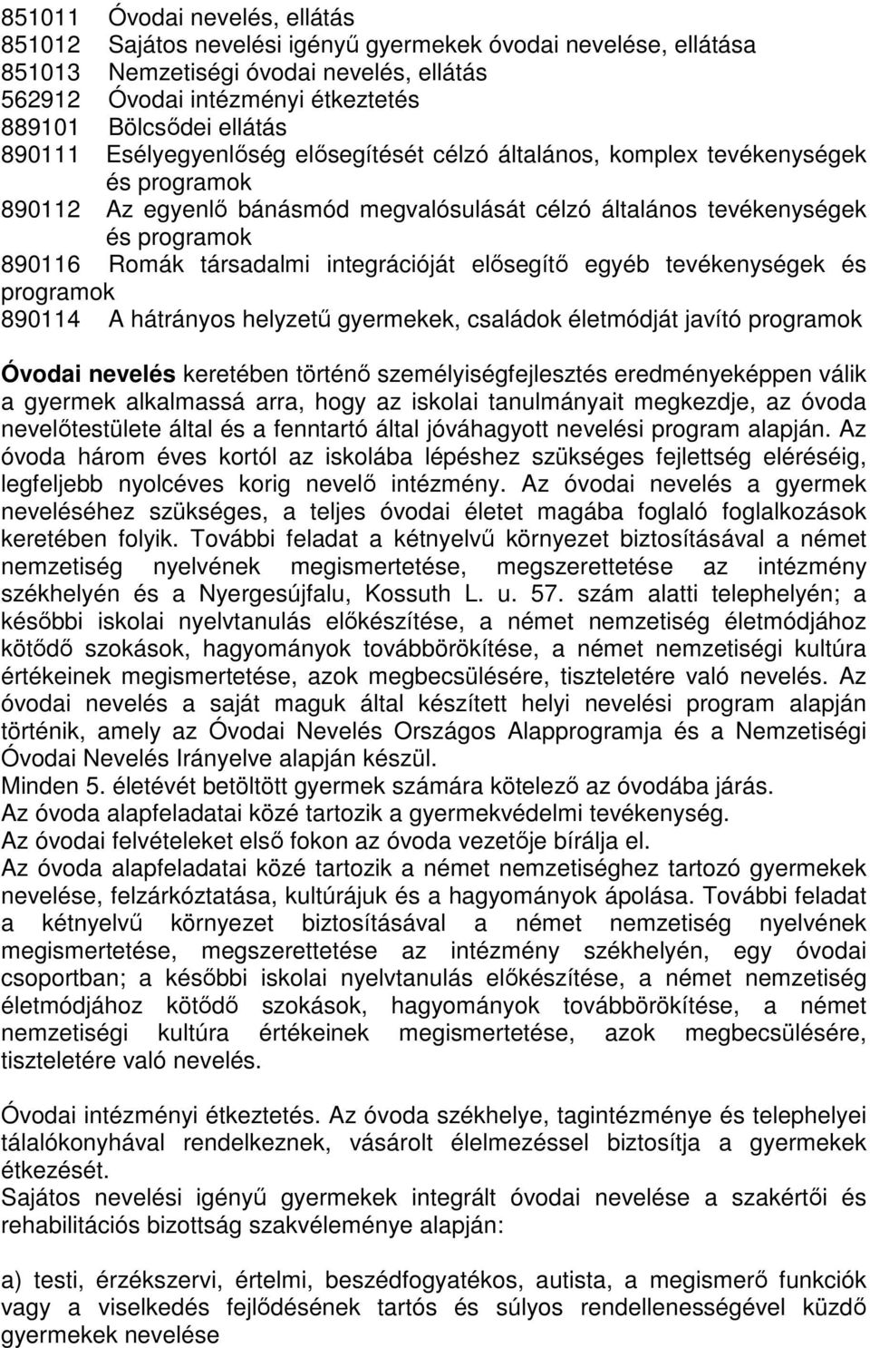 társadalmi integrációját elősegítő egyéb tevékenységek és programok 890114 A hátrányos helyzetű gyermekek, családok életmódját javító programok Óvodai nevelés keretében történő személyiségfejlesztés