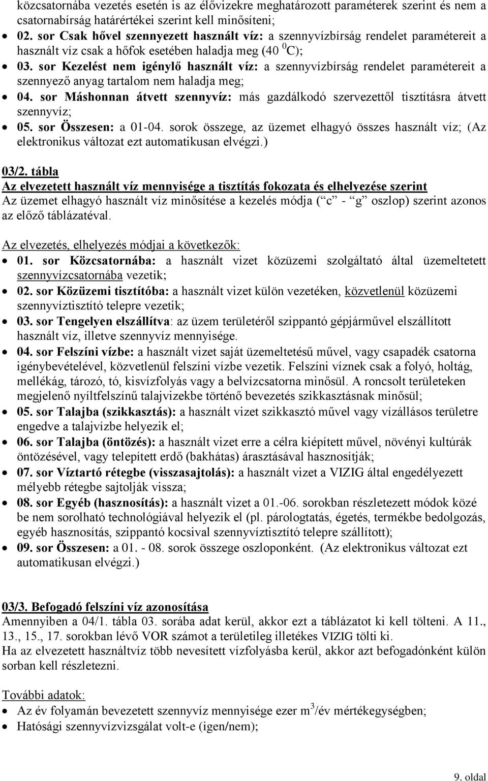 sor Kezelést nem igénylő használt víz: a szennyvízbírság rendelet paramétereit a szennyező anyag tartalom nem haladja meg; 04.