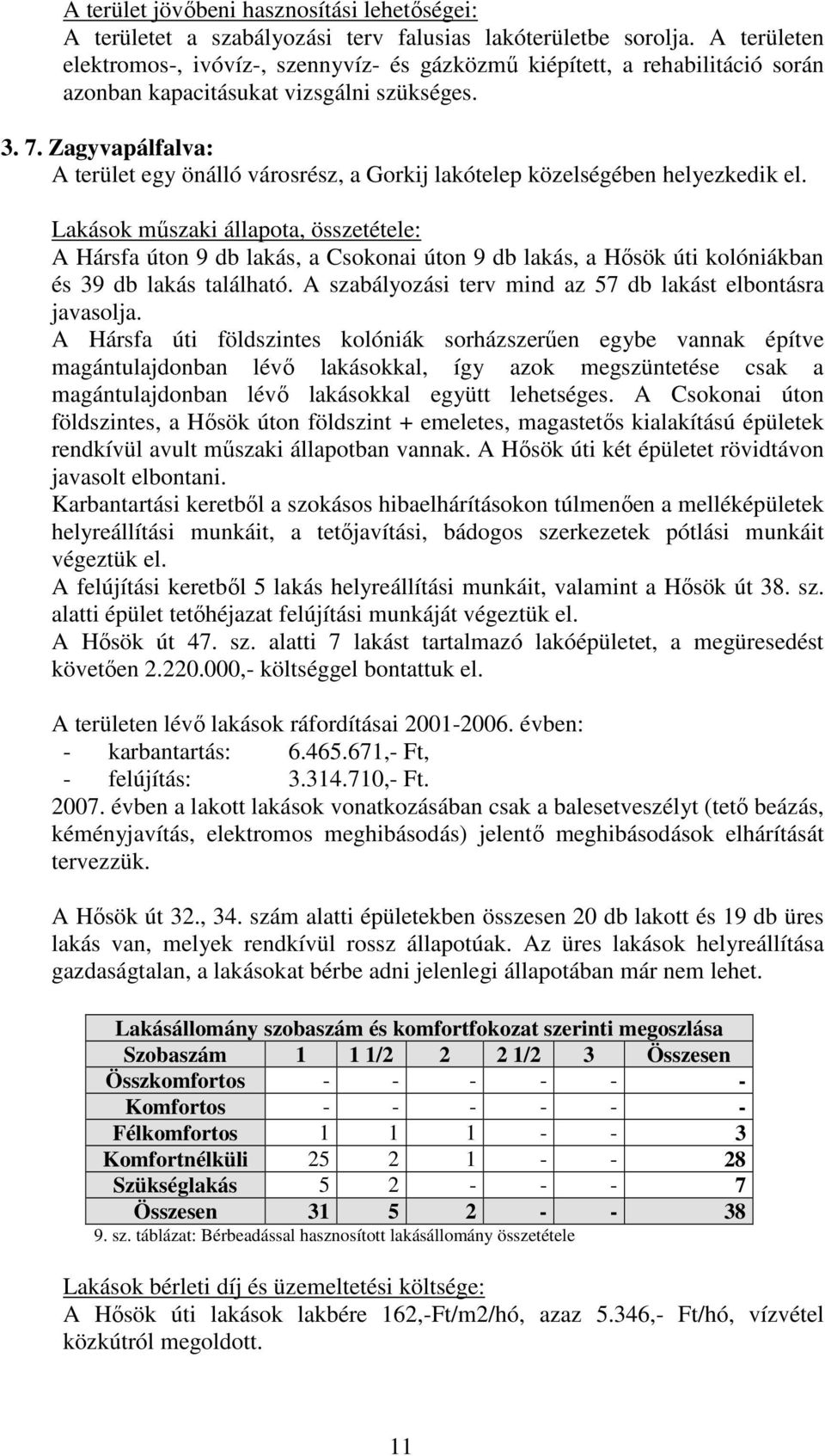 Zagyvapálfalva: A terület egy önálló városrész, a Gorkij lakótelep közelségében helyezkedik el. A Hársfa úton 9 db lakás, a Csokonai úton 9 db lakás, a Hısök úti kolóniákban és 39 db lakás található.