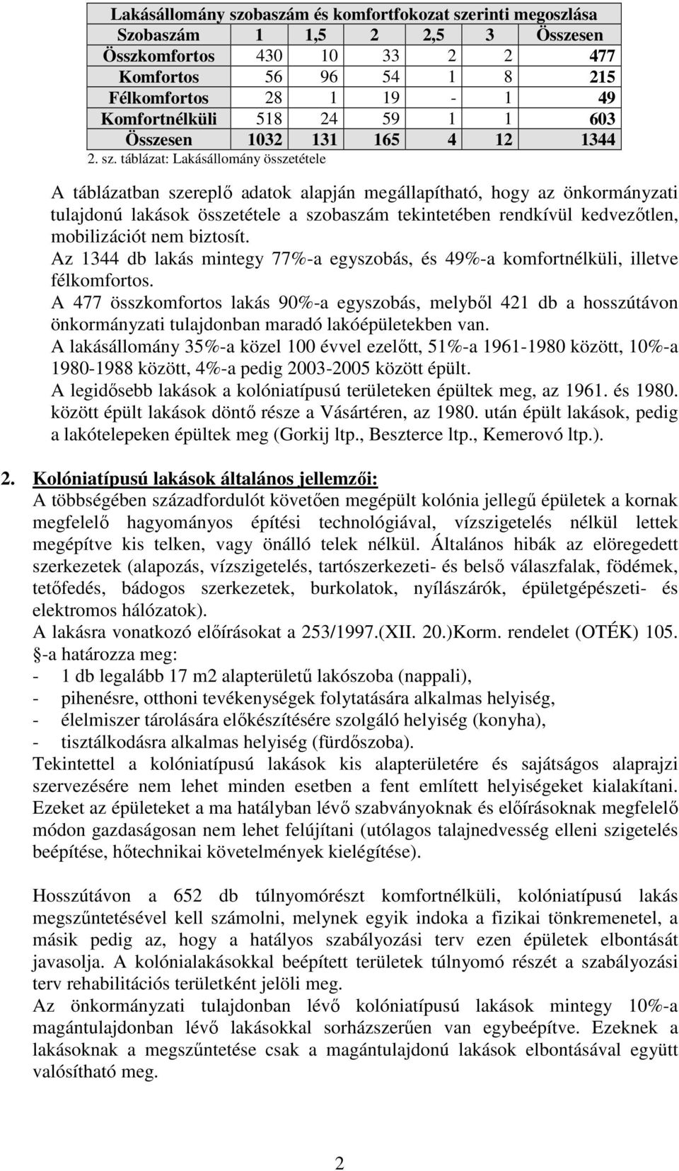 táblázat: Lakásállomány összetétele A táblázatban szereplı adatok alapján megállapítható, hogy az önkormányzati tulajdonú lakások összetétele a szobaszám tekintetében rendkívül kedvezıtlen,