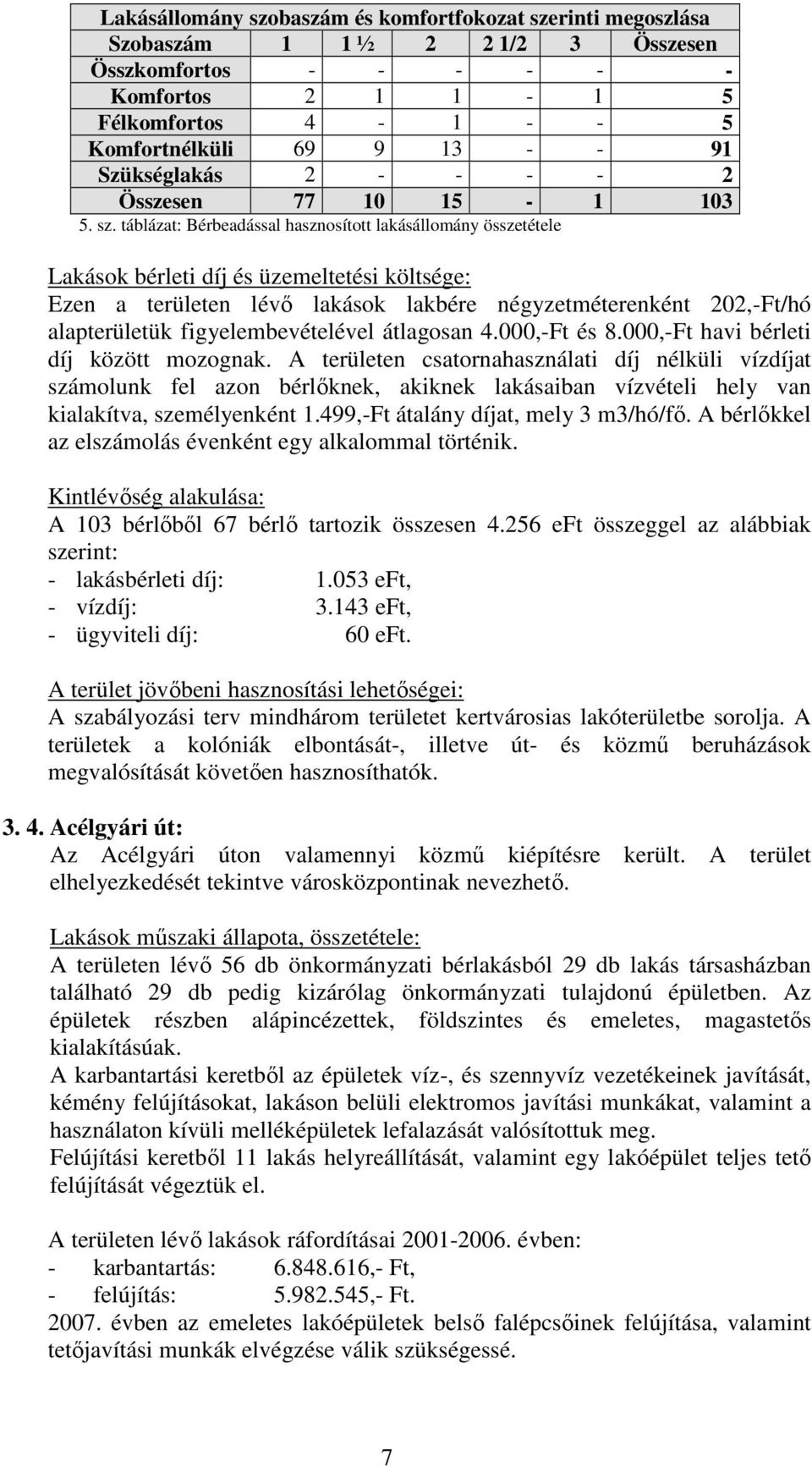 táblázat: Bérbeadással hasznosított lakásállomány összetétele Ezen a területen lévı lakások lakbére négyzetméterenként 202,-Ft/hó alapterületük figyelembevételével átlagosan 4.000,-Ft és 8.