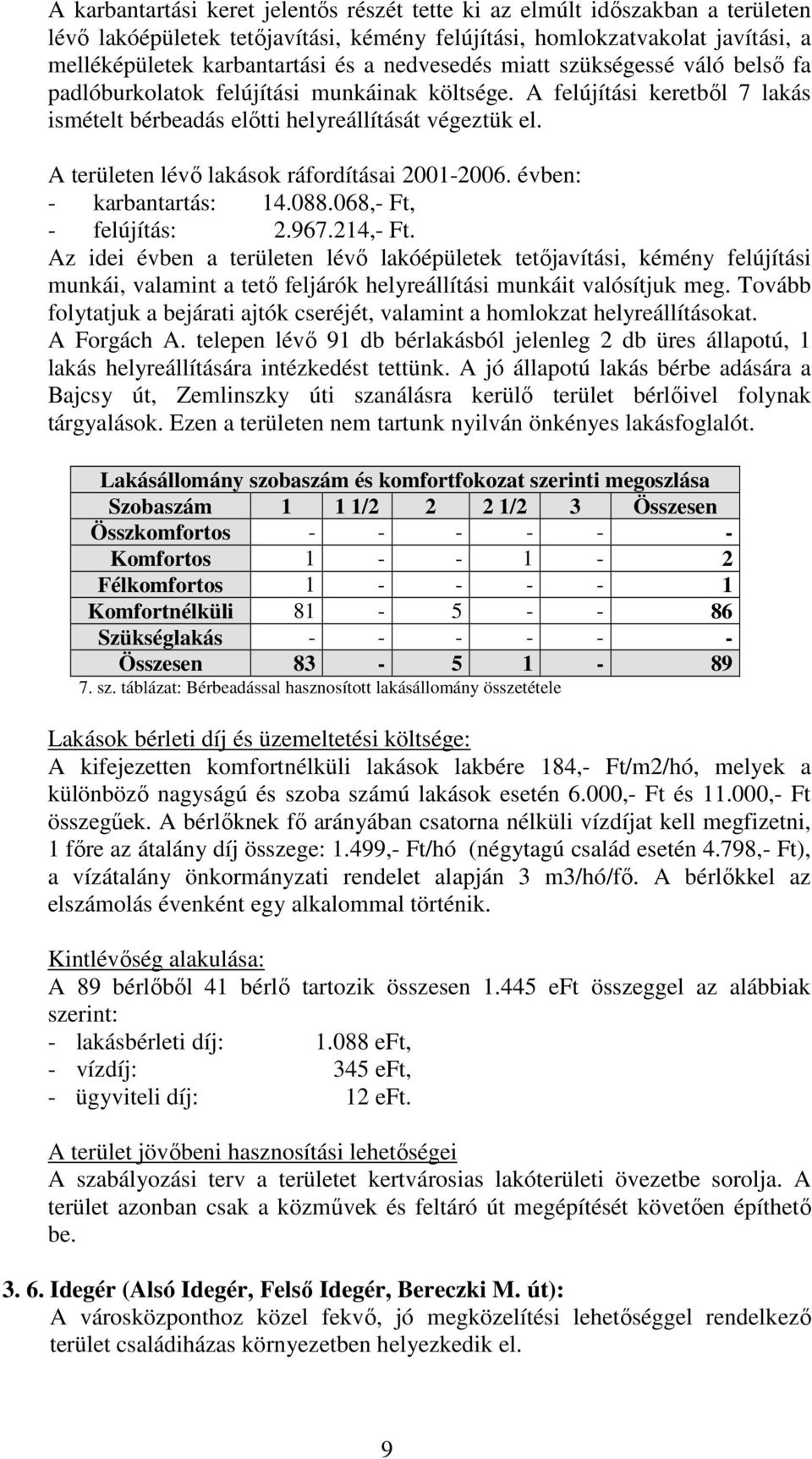 068,- Ft, - felújítás: 2.967.214,- Ft. Az idei évben a területen lévı lakóépületek tetıjavítási, kémény felújítási munkái, valamint a tetı feljárók helyreállítási munkáit valósítjuk meg.