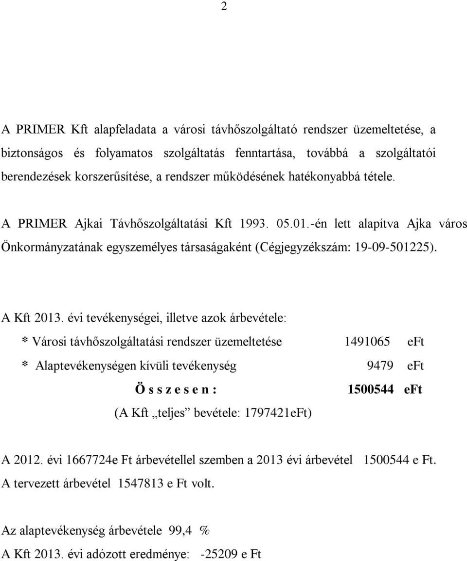 évi tevékenységei, illetve azok árbevétele: * Városi távhőszolgáltatási rendszer üzemeltetése 1491065 eft * Alaptevékenységen kívüli tevékenység 9479 eft Ö s s z e s e n : 1500544 eft (A Kft teljes