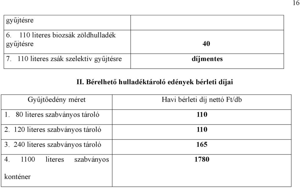 Bérelhető hulladéktároló edények bérleti díjai Gyűjtőedény méret Havi bérleti díj nettó