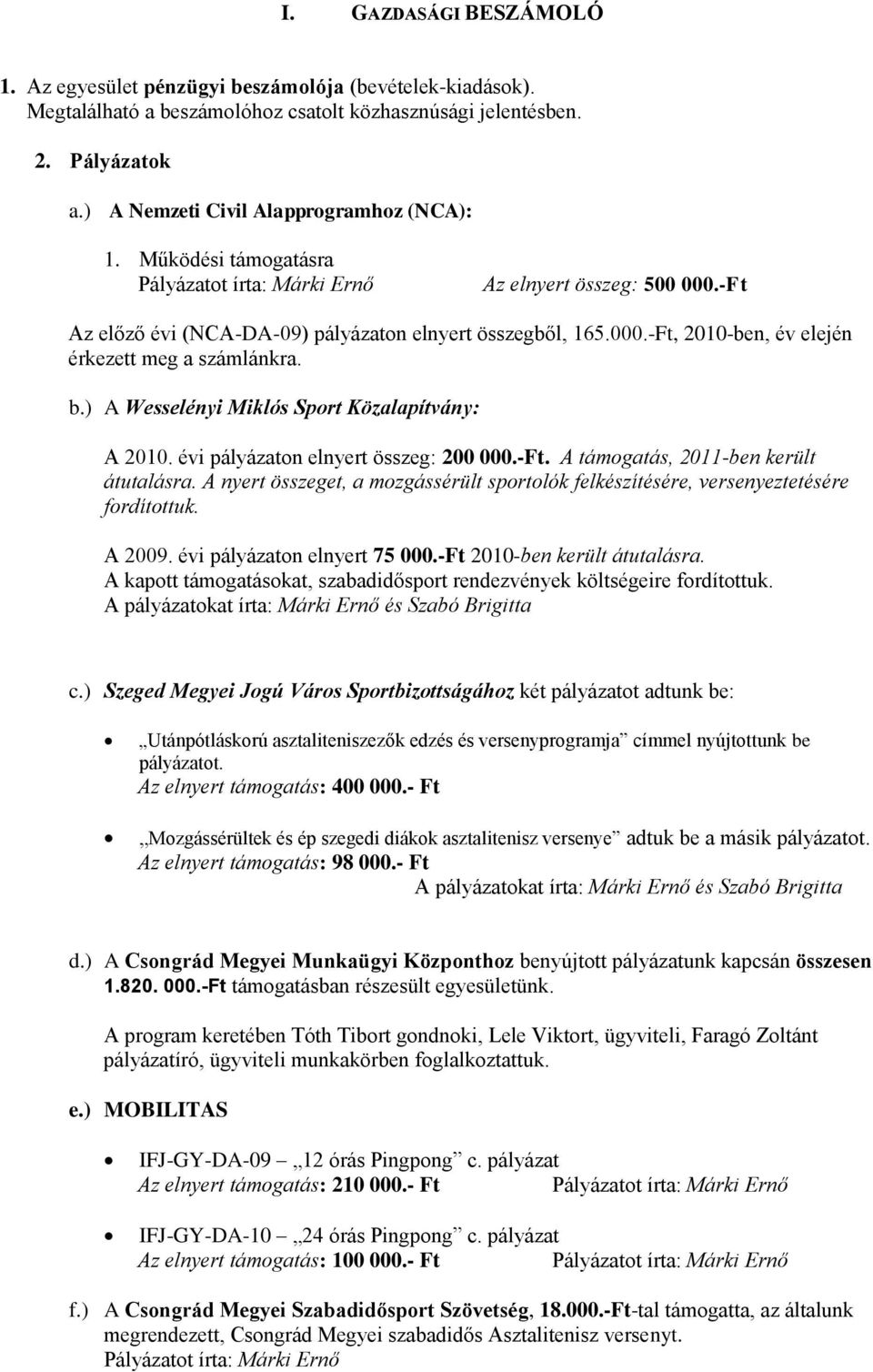 b.) A Wesselényi Miklós Sport Közalapítvány: A 2010. évi pályázaton elnyert összeg: 200 000.-Ft. A támogatás, 2011-ben került átutalásra.