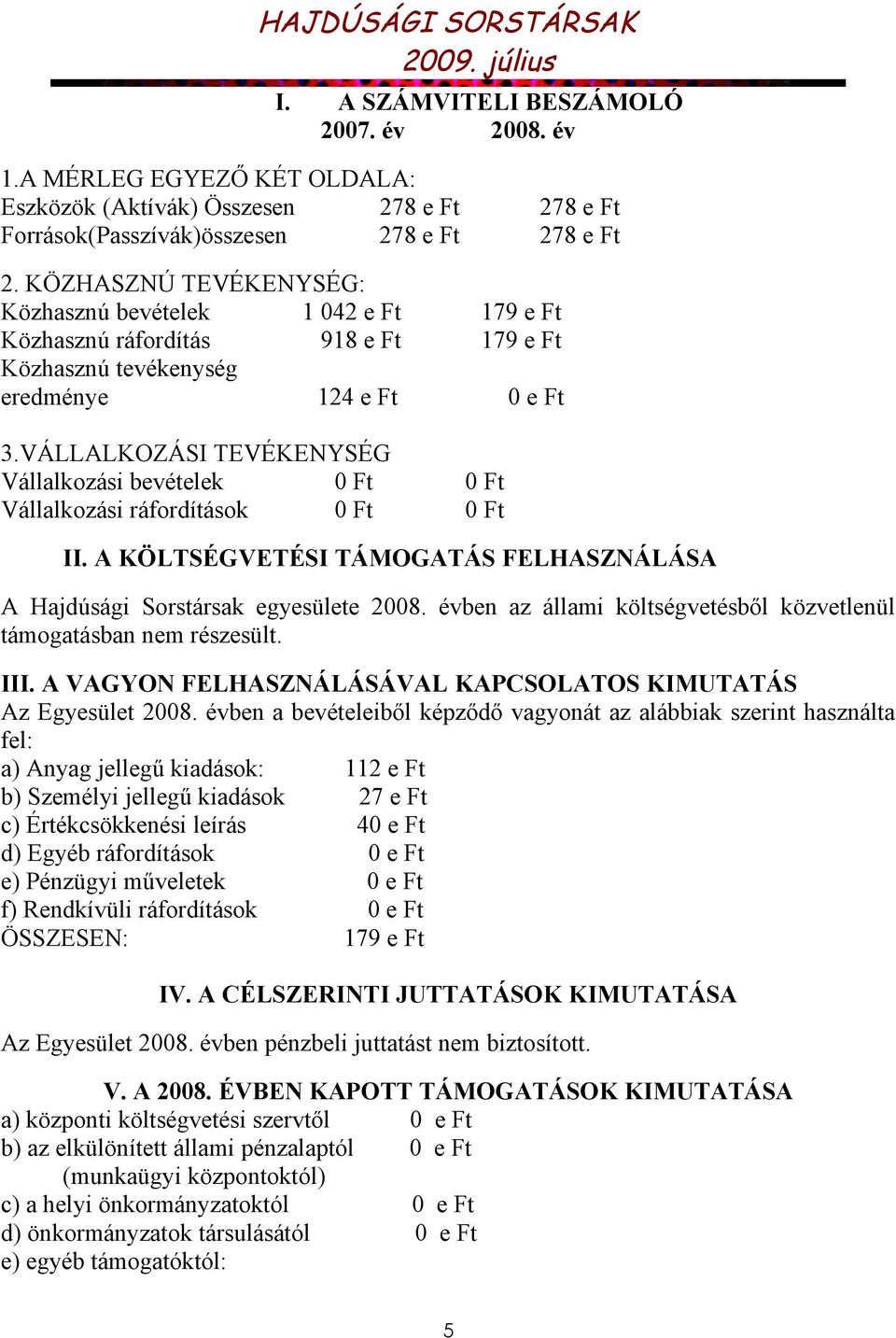 VÁLLALKOZÁSI TEVÉKENYSÉG Vállalkozási bevételek 0 Ft 0 Ft Vállalkozási ráfordítások 0 Ft 0 Ft II. A KÖLTSÉGVETÉSI TÁMOGATÁS FELHASZNÁLÁSA A Hajdúsági Sorstársak egyesülete 2008.